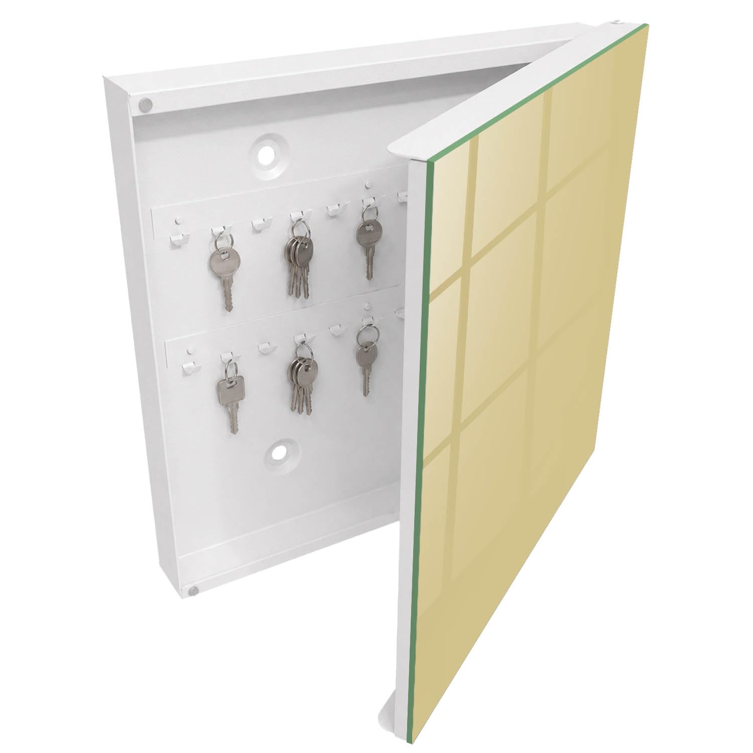 Armadietto Portachiavi 30x30 cm | Bianco | A Destra | Montaggio a Parete | Colore senape | Tasselli e Viti Inclusi | per Uffici | Frontale Decorativo in Vetro Temperato | in Metallo