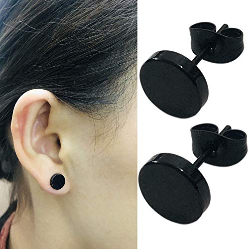8mm Black Round Stud Earrings Set Stainless Steel Ear Studs for Men Women Tunnel Plug Post Pierced Tunnel, 2pcs/1 Pair4