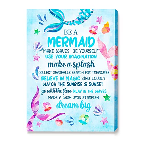 Image of JANLAN Mermaid Wall Art for Girls Room,Inspirational Wall Decor for Kids,Teen Girl Room Canvas Wall Decor