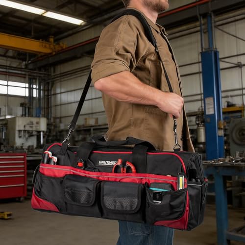 Image of HAUTMEC 24 inch Heavy-Duty Large Tool Bag, 1680D Wear-Resistant Wide Mouth Tool Bag with Metal Frame & Hard Base, 36 Pockets, Level Holder, Anti-Tangle Padded Shoulder Strap - HT0284