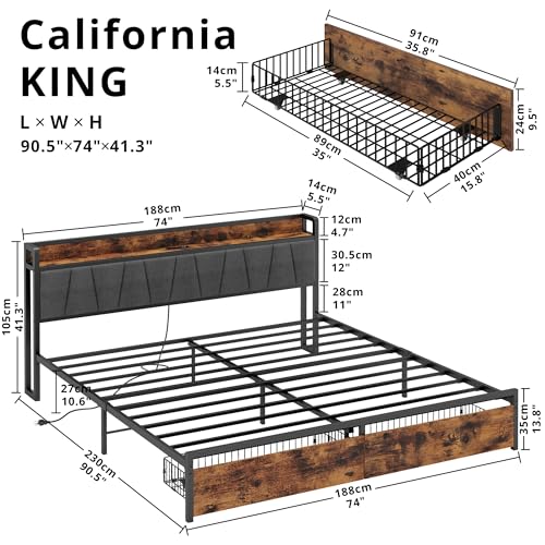 Image of LIKIMIO California King Size Bed Frame with 2 Drawers and Charging Station | Platform Bed with Upholstered Storage Headboard, No Box Spring Needed, Easy Assembly, Sturdy, Industrial Brown and Gray