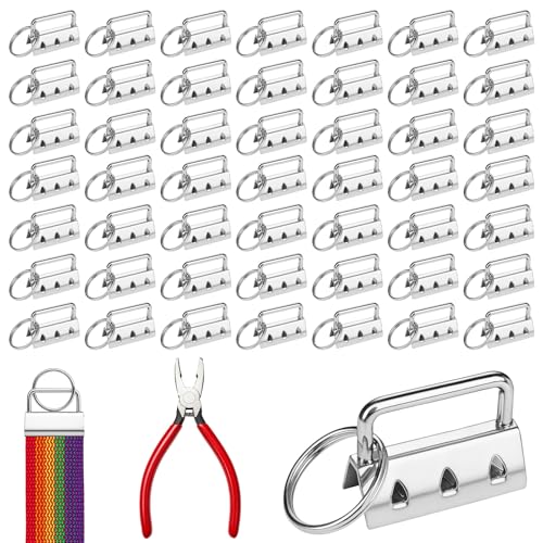 50 piezas de cordón en blanco de 32 mm llaveros con pinzas de pliegue, llavero hardware, colgante de cierre de pinza plateado para manualidades, correas y llaveros
