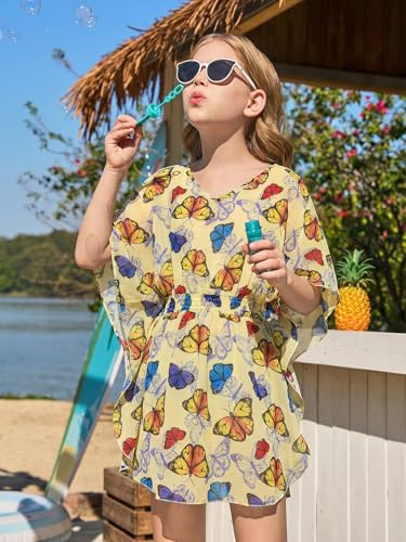 Image of Haloumoning Girls Chiffon Swim Beach Cover Up Kids Cute Elastic Waist Printed Bathing Suit Coverups 5-14 Years
