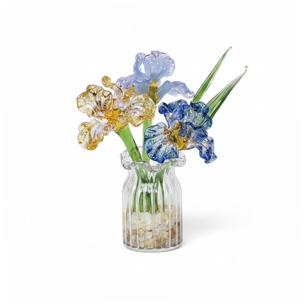 Ginwrek Mini Glass Flowers In Vase, Mini Glass Flowers And Vase, Handmade Iris Flower Bouquet For Home Office Shelf Table Centerpiece