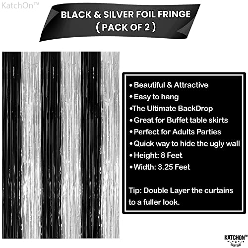 Image of KatchOn, XtraLarge Black and Silver Fringe Curtain - 3.2x8 Feet, Pack of 2 | Black and White Birthday Decorations | Silver and Black Streamers for Graduation Decorations 2026 | Disco Party Decoration