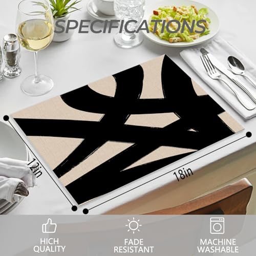 Abstract Boho Neutral Black and Beige Placemats Set of 4 12x18 Inch, Mid Century Modern Black Brushstroke Table Mats Washable Placemat for Home Party Kitchen Dining Room Decoration - Image 4