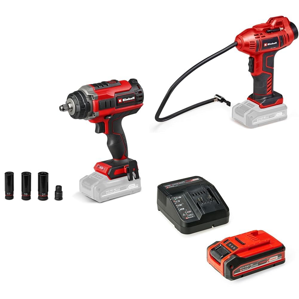 Einhell Pack 2 machines sans fil - Spécial Automobile - Power X-Change (Boulonneuse IMPAXXO 18/450, Gonfleur CE-CC 18) + Chargeur et Batterie 4,0Ah PLUS