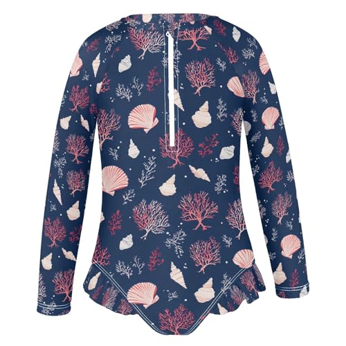 ALAZA Coral Reef Blue Seashell Girls One Piece Swimsuit Long Sleeve Rash Guard Swimsuits UV 50+ Swimwear Zipper2