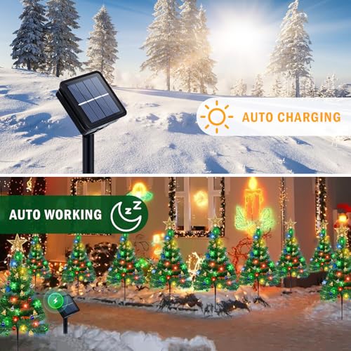 Solar Christmas Tree with Star Topper - 4 Pack with Snowflake 80LED Lights, Outdoor Garden Lights with Bells for Decoration - Image 4