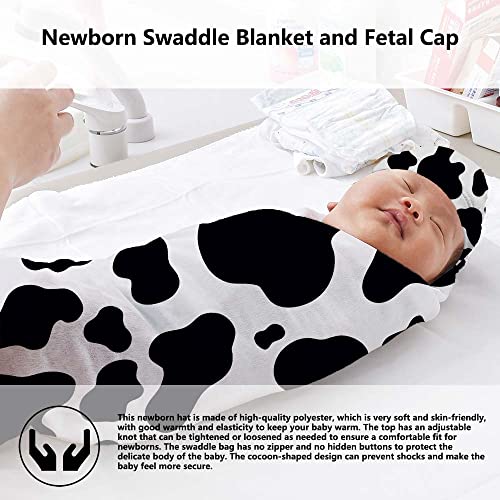 Image of Cow Print Newborn Swaddle Blanket with Hat Sets Newborn Receiving Blanket for Boy Girl Swaddle Sack Shower Infant Gift