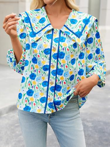 Cicy Bell Womens Floral Button Down Shirts Trendy Casual 3/4 Lantern Sleeve Blouse Square Neck Collared Tops3