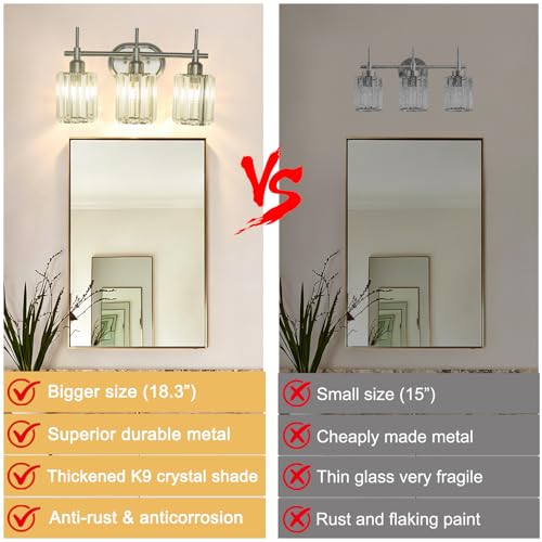 Image of Crystal Bathroom Vanity Light, Brushed Nickel Bathroom Lighting Fixtures, 3-Light Modern Wall Sconces with Crystal Clear Shades for Bedroom Living Room