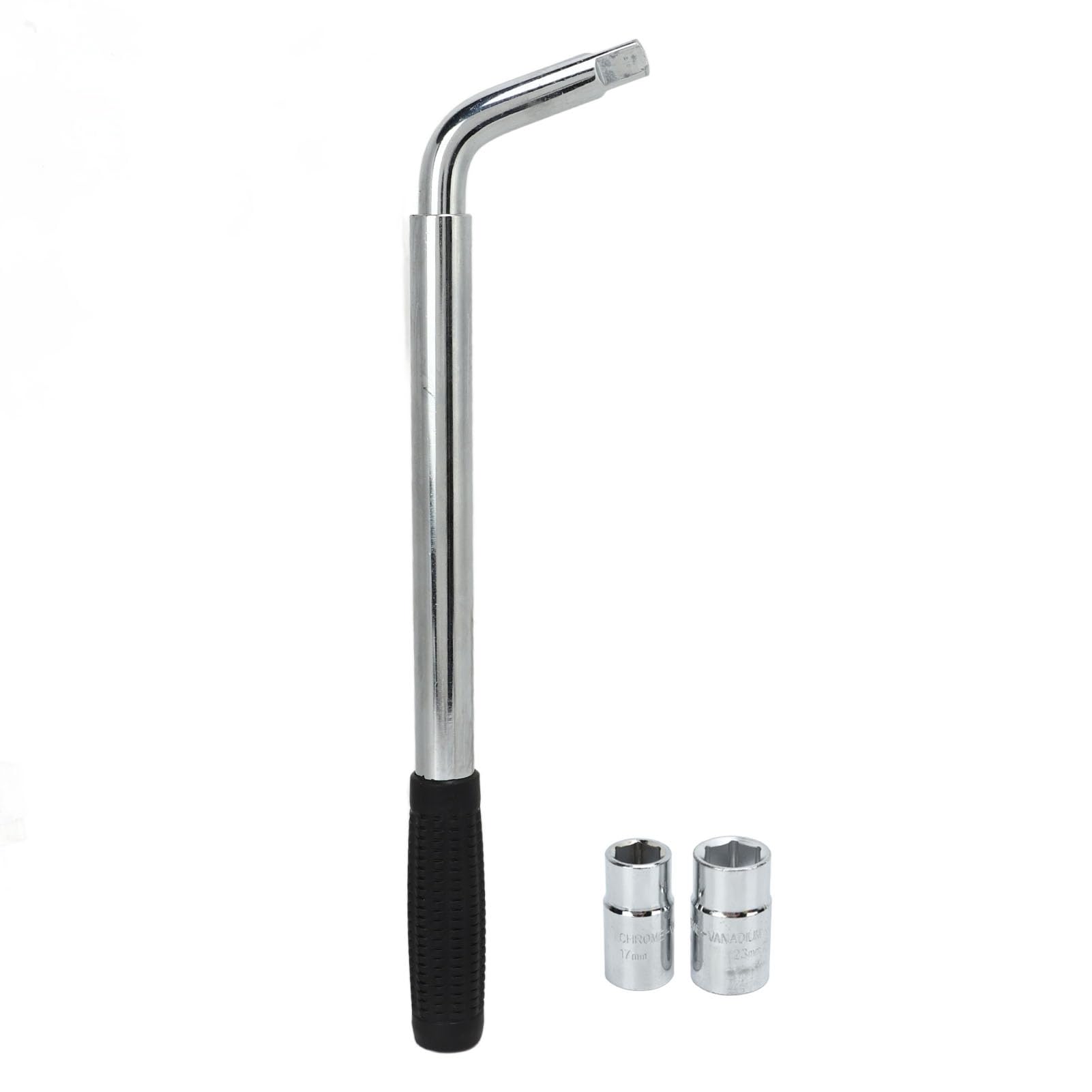 Wysuwany klucz oczkowy z 2 nasadkami 17 mm 19 mm 21 mm 23 mm, teleskopowy klucz do kół, uniwersalny klucz do nakrętek oczkowych ze stali CR-V do wymiany opon samochodów