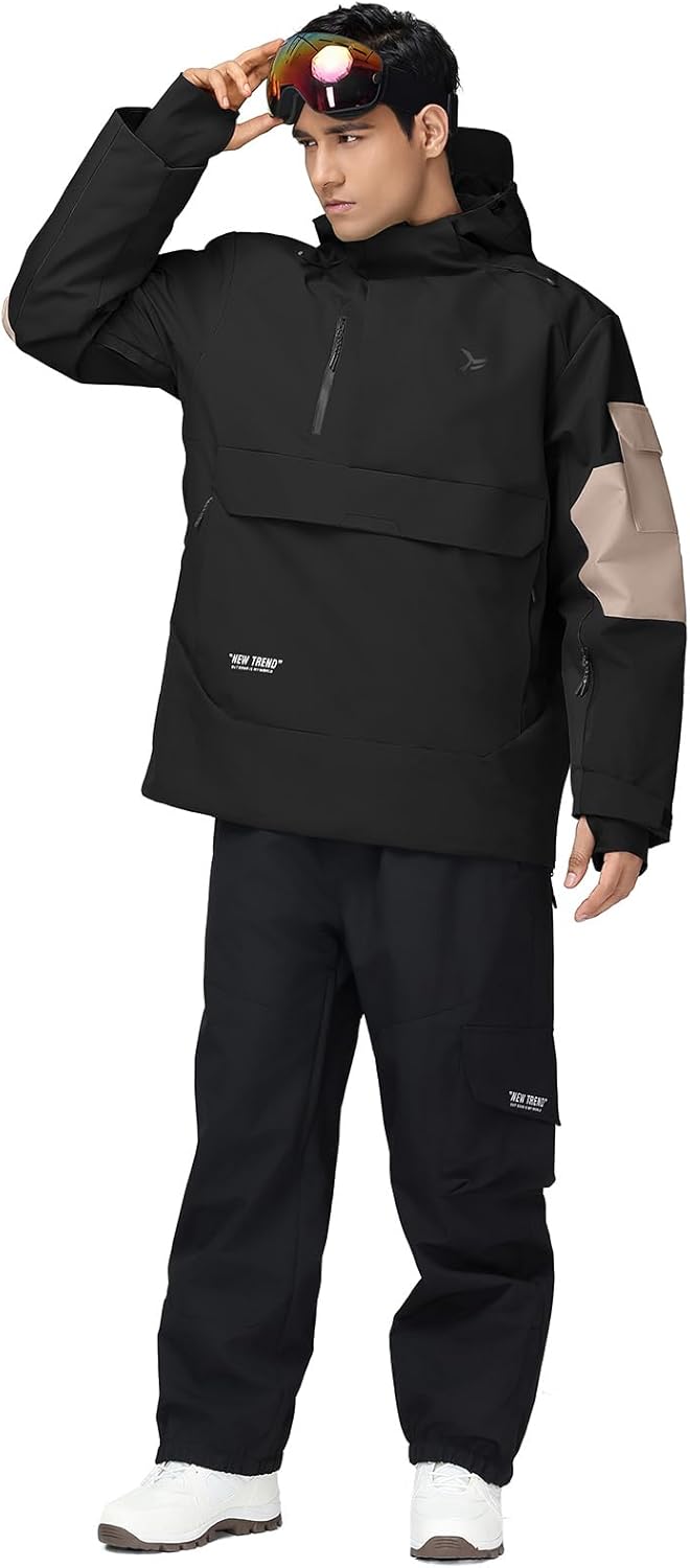 YEEFINE Men's Ski Jacket Snowboard Snow Coat Waterproof Insulated Winter Warm Loose Fit Pullover Hoodie