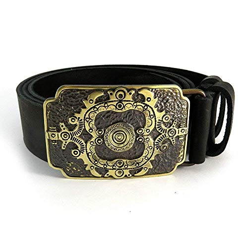 Leather belt with brass buckle “Hutsul sun”; Handmade&processed; Slavic sun symbols; Ornamental brass buckle; Slavic amulet;4
