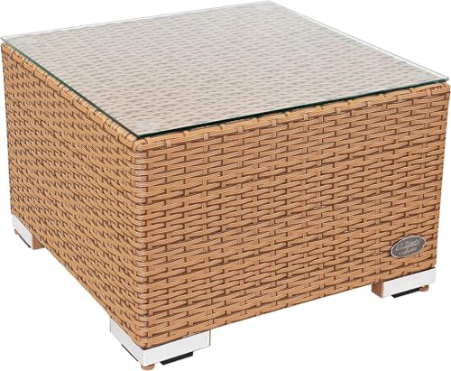 RS Trade® Toscana Polyrattan Rattan Beistelltisch für Sonnenliege – Aluminium-Gestell, Sicherheitsglas-Tischplatte, belastbar bis 90 kg, höhenverstellbare Standfüße; Natur