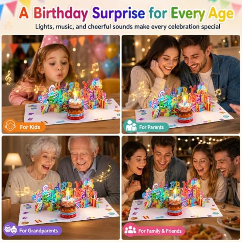 Image of 3D Pop-Up Birthday Card with Music, Blowable LED Candle, for Ages 1 to 100