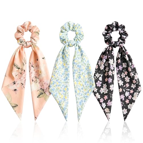 Image of GLUN Satin Bow Scrunchies Set of 3 (1 Pcs Each Design), Silk Hair Scrunchies with Long Ribbon Bows for Women & Girls, Soft Elastic Ponytail Holders, Floral Hair Ties for Daily Wear, Parties & Gifts