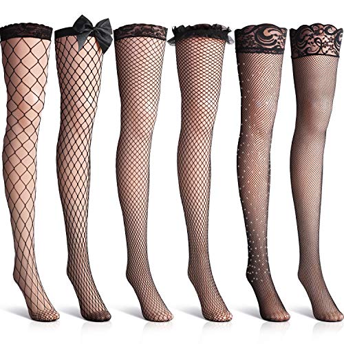 6 Pairs Fishnet Thigh High Stocking Lace Top Over the Knee Stocking Rhinestone Bow (Black)