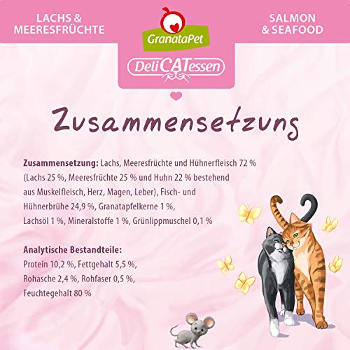 GranataPet DeliCatessen Lachs & Meeresfrüchte, Nassfutter für Katzen, Katzenfutter für Feinschmecker, Futter ohne Getreide & ohne Zuckerzusätze, 6 x 200 g