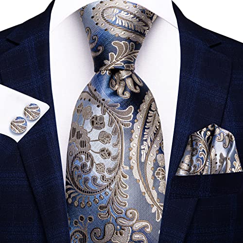 Image of Hi-Tie Silk Ties for Men Plaid Paisley Striped Necktie Pocket Square Cufflinks Set Formal Business