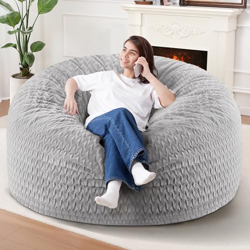 Image of 5FT Bean Bag Chair,Giant Bean Bag Chairs for Adults,Big Bean Bags with Memory Foam Filled, Large Beanbag Chairs with Chevron Plush Cover-Light Grey