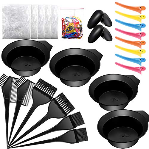 46 Pieces Hair Dye Coloring Kit, Dye Brush Comb Mixing Bowl Ear Covers Disposable Bath Cap Gloves Cape Hairdressing Clips and Rubber Band, DIY Hair Coloring Dyeing Tools for Hair Dye and Salon Use