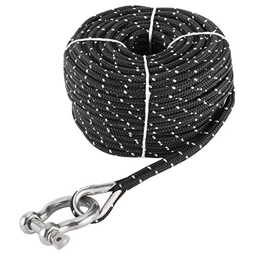 NovelBee 3/16 Inch X 100 Feet Double Braid Nylon Anchor Line with Stainless Steel Thimble and Hook (Black/White)