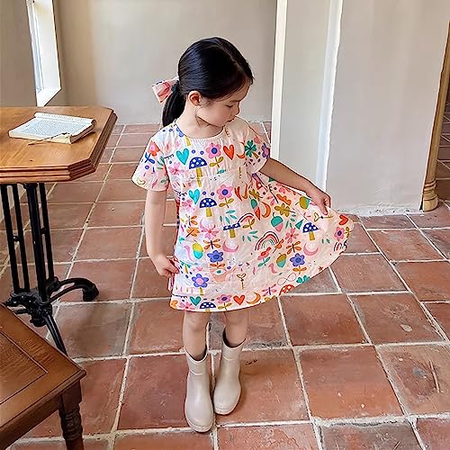 Toddler Girls Print Cartoon Rainbow Dress Trim Round Neck Dress Summer Dress Girls Size 84
