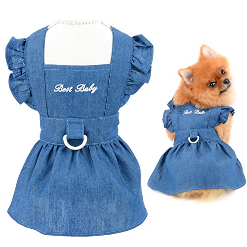 SMALLLEE_Lucky_Store Robe Harnais en Jean pour Chien, Robe de Princesse à Volants pour Chien et Chat de Petite et Moyenne Taille, avec Anneau en D pour Chien Femelle, vêtements d'été, Bleu foncé, S