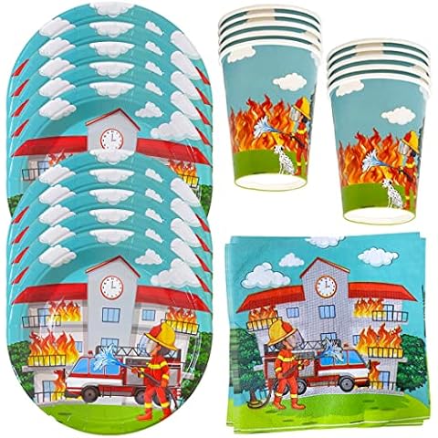 HGSHUO Party Tableware Children's Birthday Decoration Fireman Birthday Party Tableware Cups Paper Plates Napkins Fire Engine Party Tableware Birthday Party Table Decoration Set 40 Pieces Cover