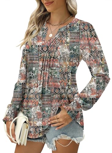 BETTE BOUTIK Long Sleeve Shirts for Women Fall Tops Dressy Blouses Pleated V Neck Tunic Tops for Leggings S-3XL