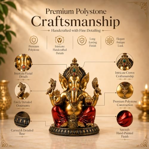 Image of ARMONIA Premium Lord Ganesha Idol for Home Decor - 6 Inch Handmade Ganesh Murti |Antique Finish Ganpati Statue for Mandir,Office Desk |Polyresin | Best Spiritual Gift for Diwali,Wedding & Housewarming