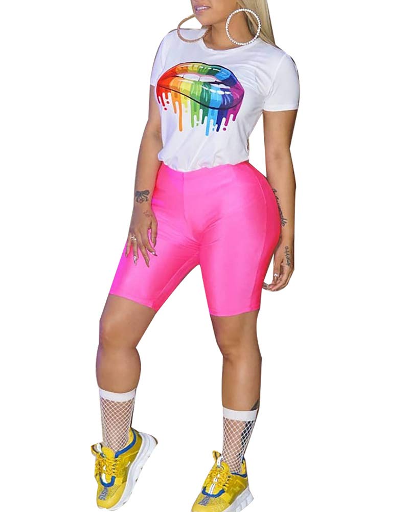 Halfword Womens Piece Shorts Outfits Spandex Biker Lip Print Shorts Set  Outfit Two Piece Tracksuits