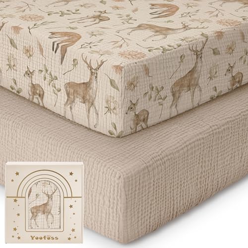 Image of Yoofoss Muslin Pack and Play Sheets Fitted, Organic Mini Crib Sheets for Boys Girls, Playard Sheet Compatible with Pack N Play Mattress, Soft, Breathable and Durable 38"x26"