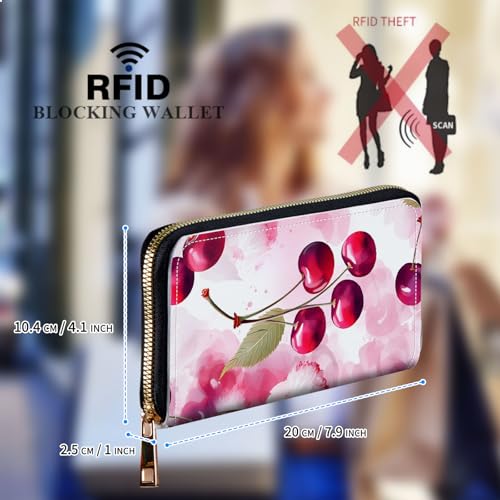 Womens Wallet, Large Capacity RFID Blocking PU Leather Wristlet Wallets for Women Ladies Men Credit Card Holder Zipper Wallet Phone Holder Clutch Travel Purse, Pink Cherry2