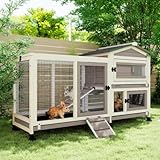 2 Story Rabbit Hutch Outdoor Indoor, Wooden Bunny Cage with 6 Lockable Wheels, 3 Removable No Leakage Pull Out Trays, Chew-Proof Ramp & Waterproof Roof, Ideal for Rabbit & Guinea Pig