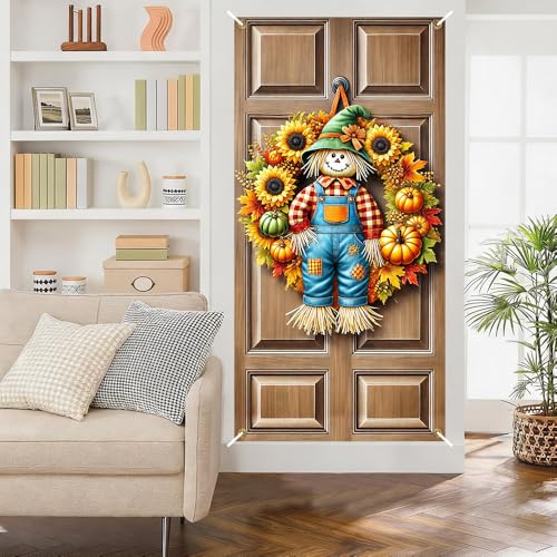 Image of Fall Scarecrow Sunflower Pumpkin Door Cover 35x70in Thanksgiving