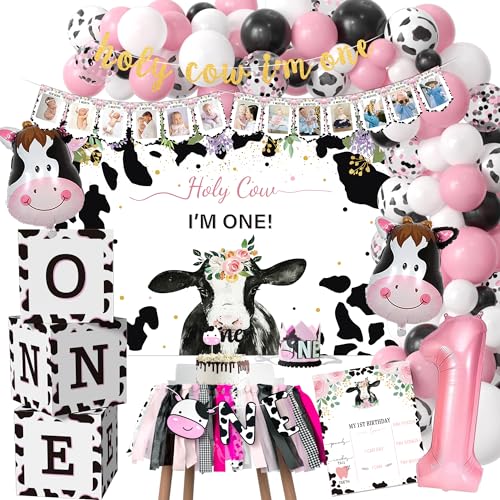 APOWBLS Holy Cow I'm One Birthday Decorations Girl - Farm Cow Theme First Birthday Party Supplies, Balloon Boxes, Backdrop, Banner, Balloon arch, Highchair Banner