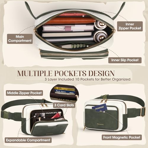 Image of RAINSMORE Fanny Packs for Women, Leather Belt Bag Waterproof Everywhere Crossbody Waist Pack with Adjustable Strap Retro Sling Chest Bag for Work Running Travel Party, Dark Green with White