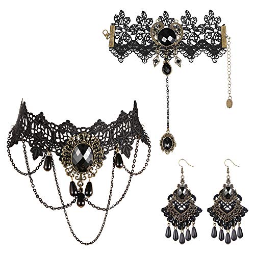 ORAZIO Halloween Necklace Bracelet Earrings for Women Black Lace Lolita Steampunk Vampire Victorian Gothic Costume Jewelry Set