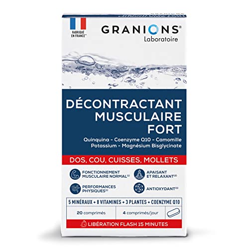 GRANIONS Décontractant Musculaire Fort | Apaise les contractures du dos, cou, cuisses, mollets I Douleurs Intenses | 5 minéraux, 8 vitamines, 3 plantes | Co-enzyme Q10...