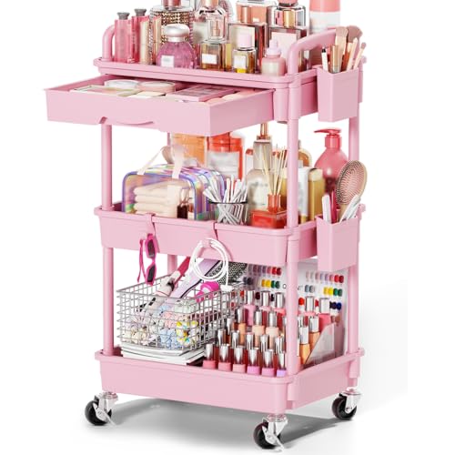 Image of Goovilla Rolling Makeup Organizer Cart with Removable Drawer, 3 Tier Stable Pink Floor Skincare Storage Cart for Vanity, Cosmetic Display, Nail Polish, Perfume, Hair Stuff, Beauty, Bathroom(Plastic)