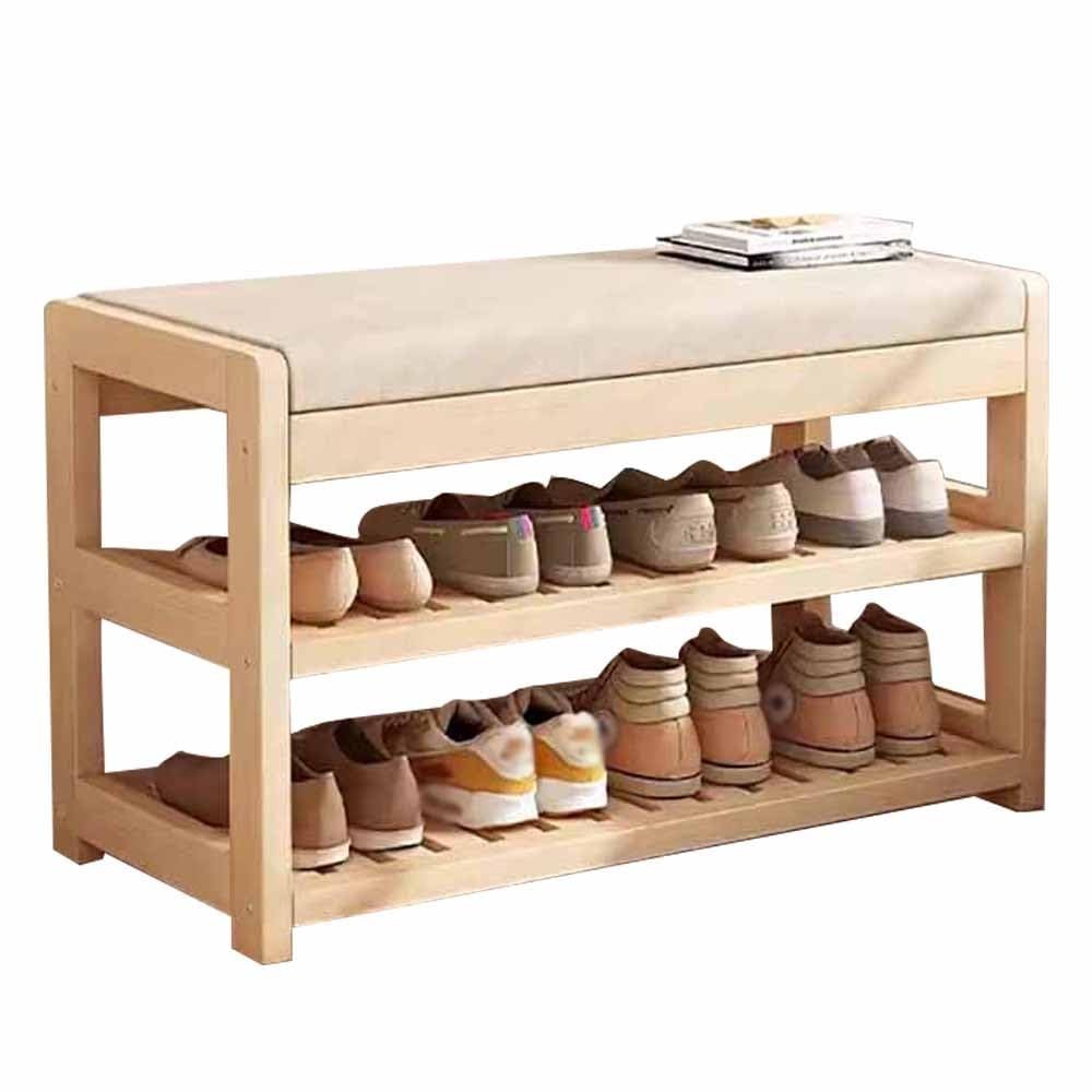 MSHGSKU Bamboo Shoe Rack with Cushion Seat, 2-Tier Storage Organizer for Hallway, Bedroom, Living Room, 80kg Capacity, Stylish & Functional Shoe Bench - 61x31x47CM