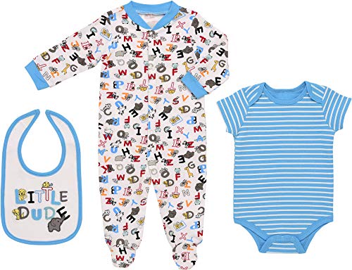 Mini B. by Baby Starters 3-Piece Layette Set with Sleep and Play, Bodysuit and Cloth Bib (Turquoise/Little Dude Animals, 0-3M)