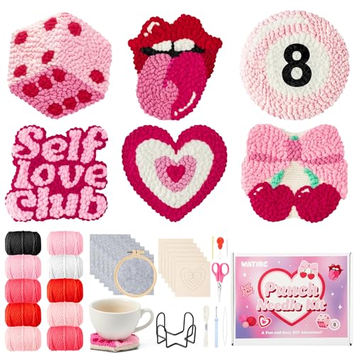 WATINC Punch Needle Coaster Kits - 23Pcs Easy Art Work Decor Craft Supply for Beginners DIY Set of 6 Unique Pattern Tufted Pads with Adhesive Felt Yarns Tools Coaster Holder Instruction (Light Pink)