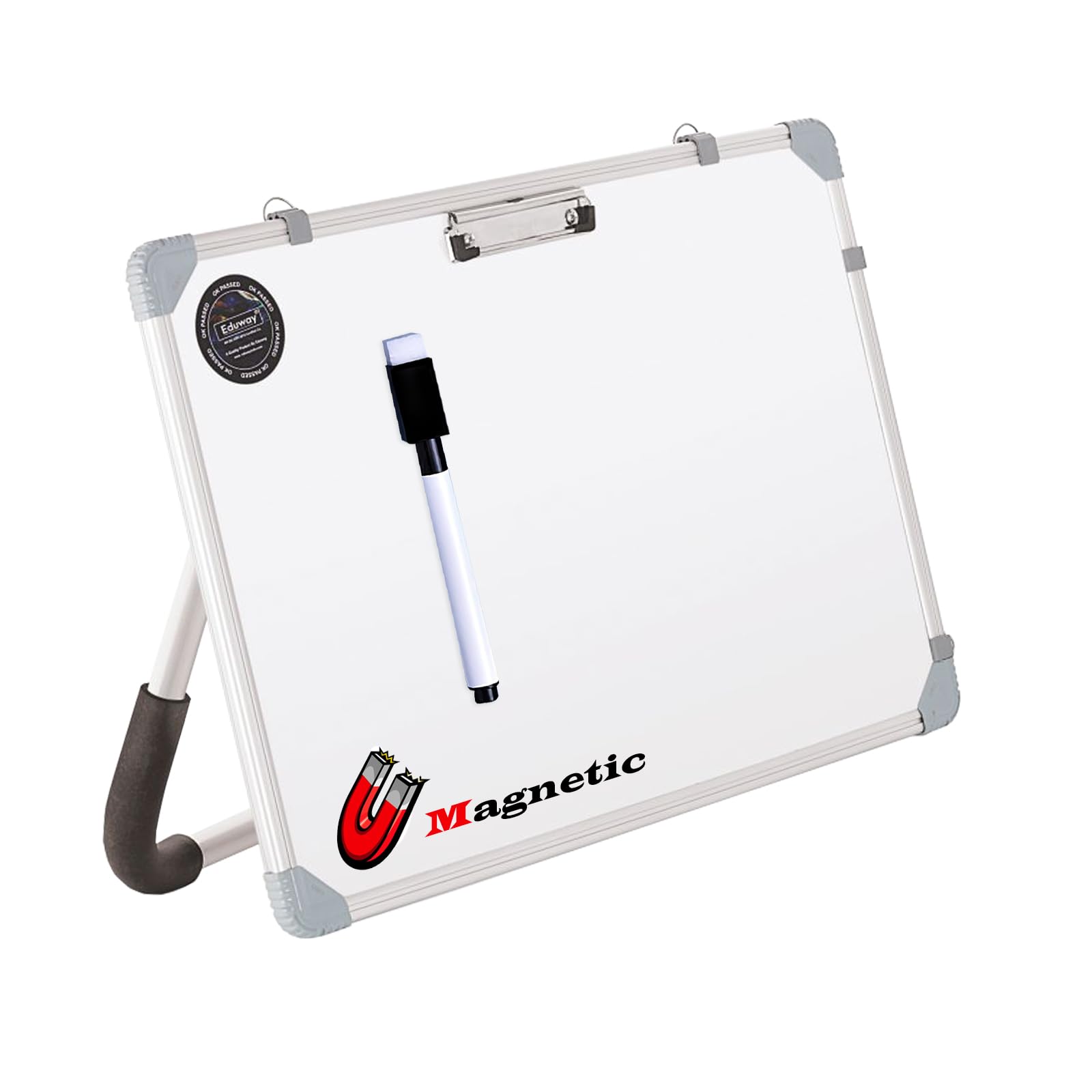 Eduway Magnetyczna tablica suchościeralna, 1 x 1,5 metra, biała tablica ze stojakiem, blat stołu z klipsem do papieru, do nauki, nauki itp. z 1 markerem do ścierania, 28 x 40 cm