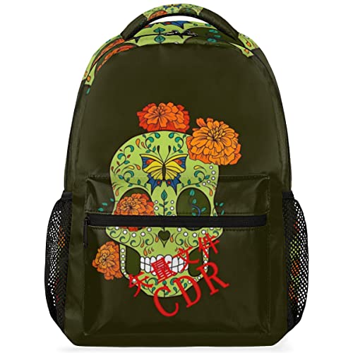 Mochila de calavera floral para ordenador portátil con gran capacidad y correas ajustables