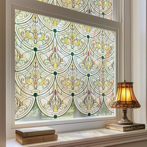 3D Stained Glass Window Film, Decorative Window Privacy Film for Bathroom,Front Door,Home, Sun Blocking Heat Control,Static Cling, Golden Ironwork 17.5inch x 47.24inch Cover