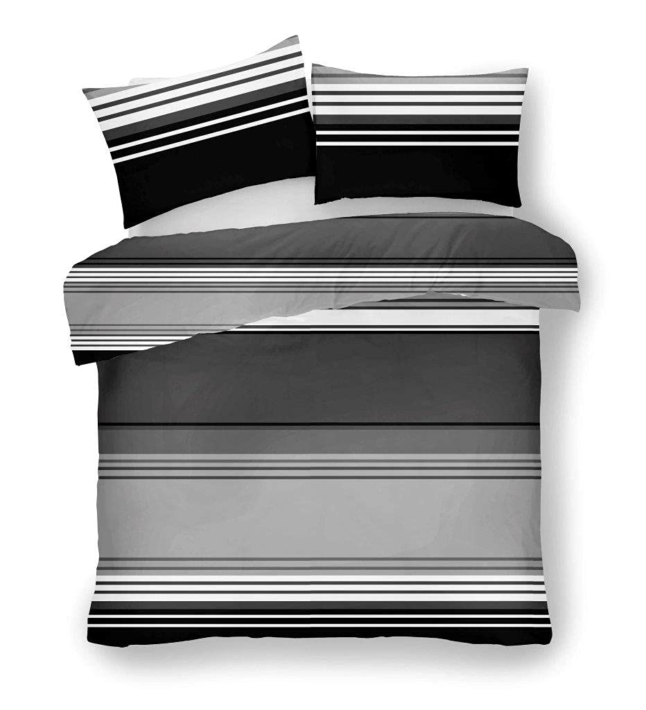 LJ Moxie Stripes Pattern Duvet Cover Sets Quilt Cover Sets Cotton Rich Fully Reversible Bedding Sets With Pillowcases (King Size, Black/Grey)